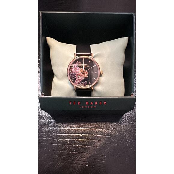 Ted Baker Women\'s Rose Gold Black Floral Face Leather Strap Watch
